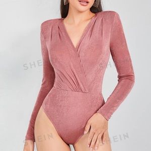 New Dusty Pink V neck Long Sleeve Plicated Detail Wrap Bodysuit